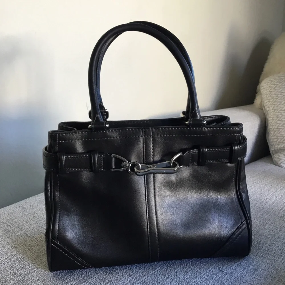 Coach Black Leather Top-Handle Satchel with Silver Hardware